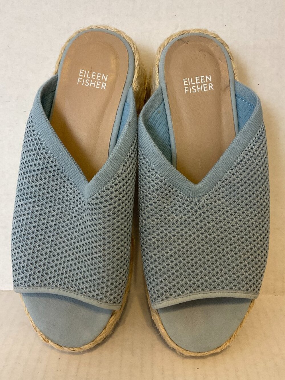 Eileen Fisher Espadrille Slide Shoes 8.5 Blue Knit Woven Wedge
